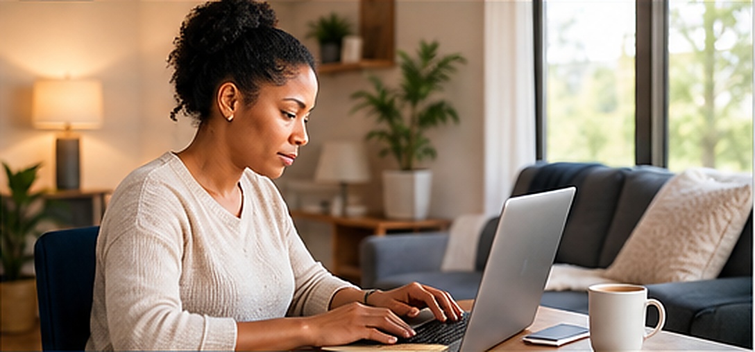 Person using a computer at a desk in a home